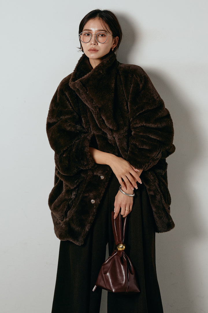 [SET]スタンドネックファーコート+フェイクレザー太ベルト付きタックワイドパンツ(2set)