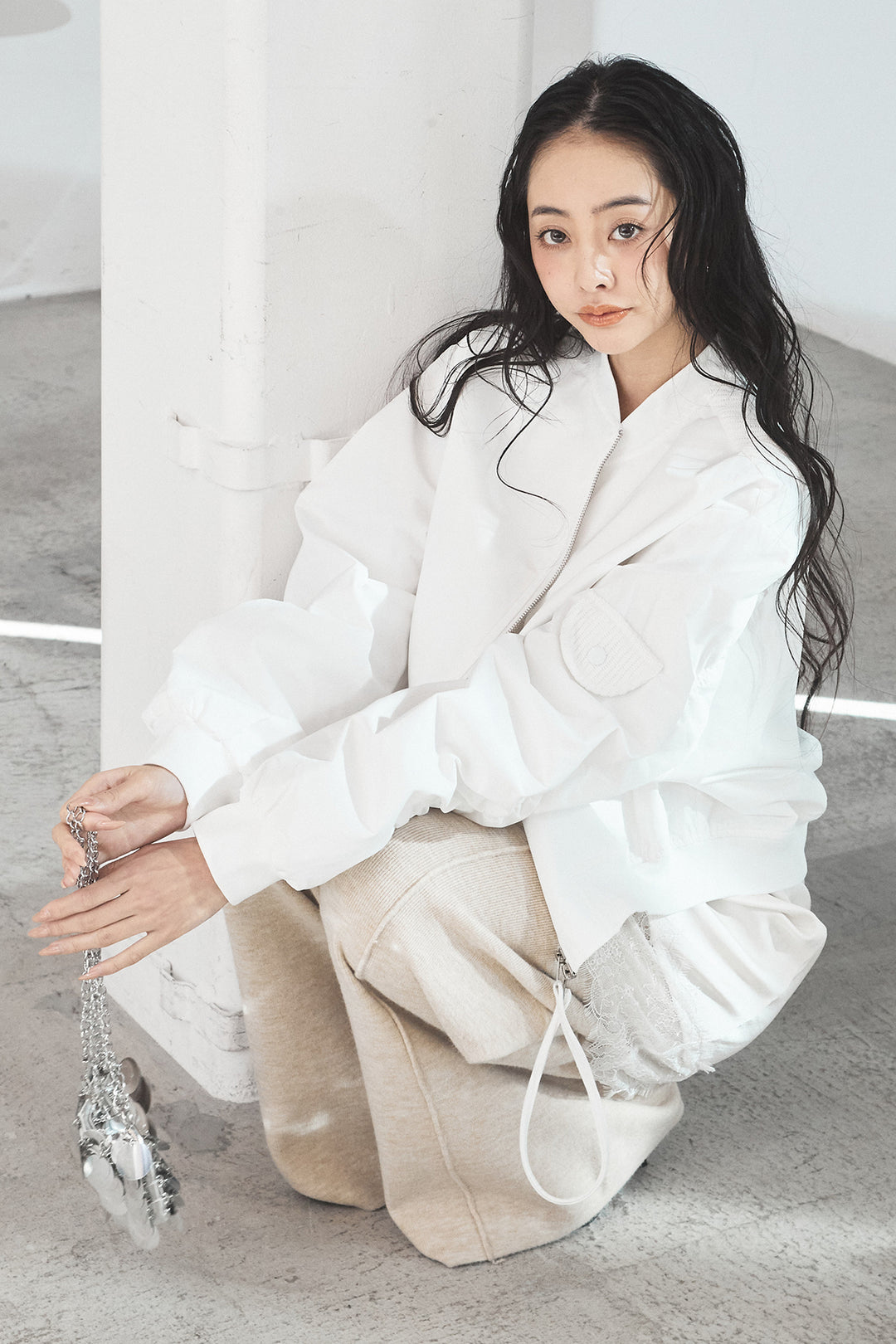 [SET]袖ギャザーデザインブルゾン+センターラインニットパンツ(2set)