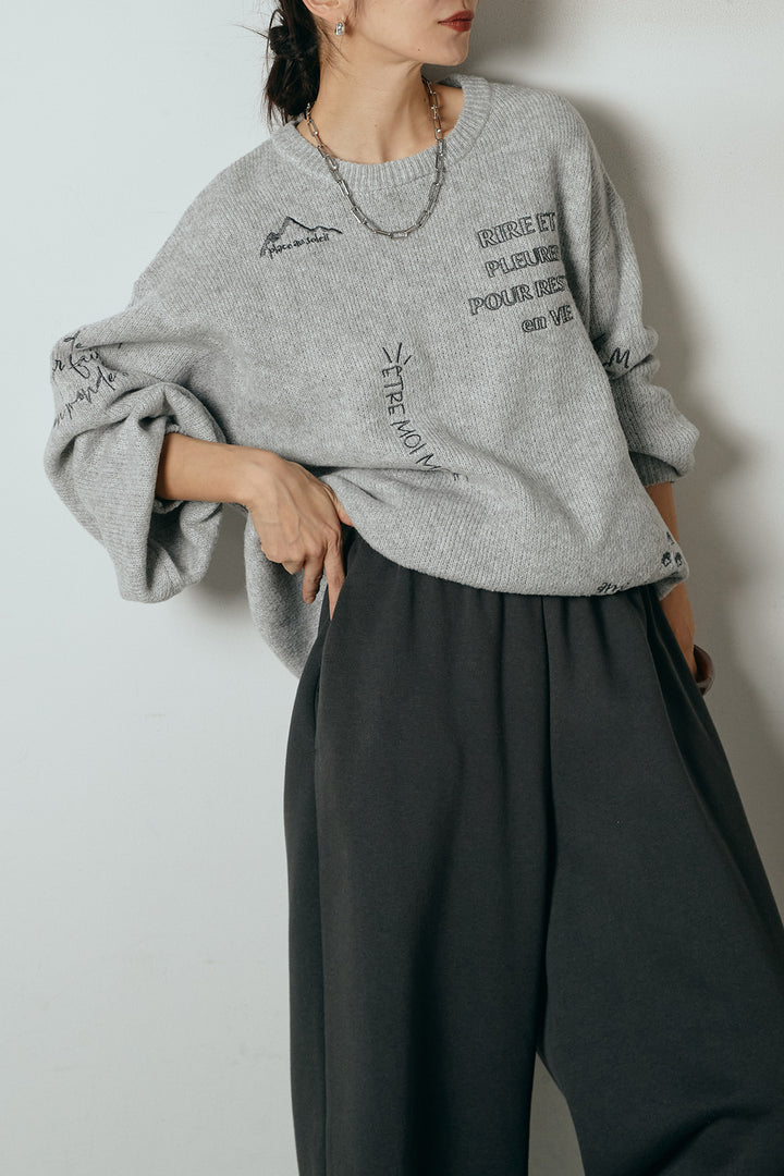 [SET]刺繍ロゴランダムデザインニットトップス+裏起毛スウェットワイドパンツ(2set)