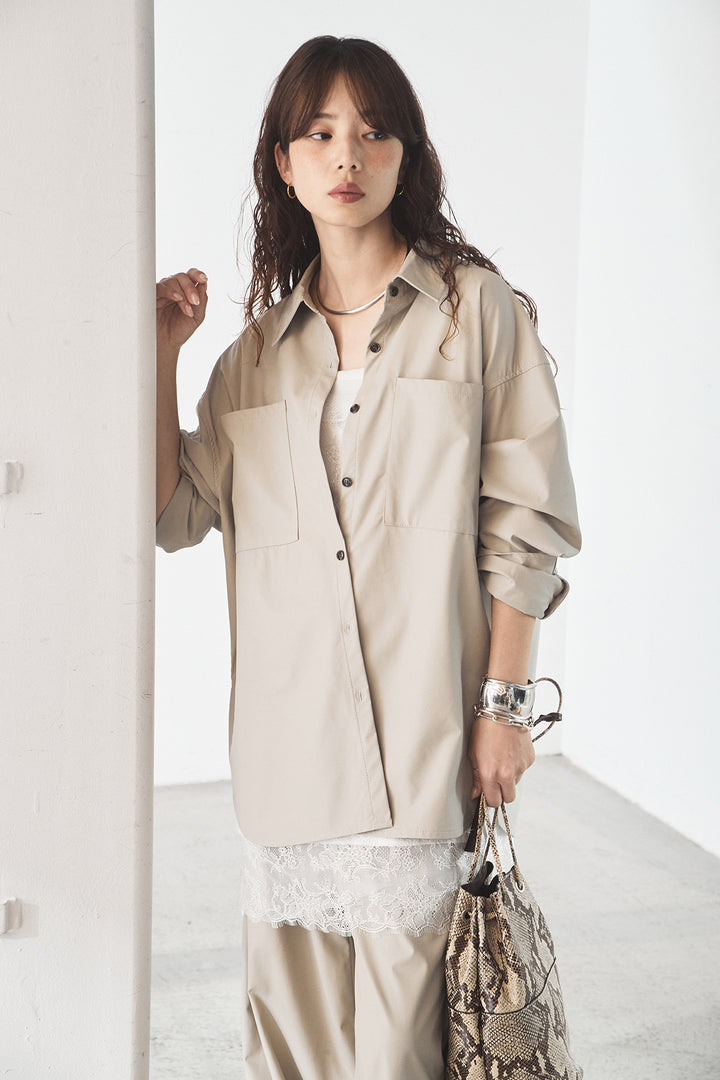 [SET]ウォッシャブルエコレザービックカフスシャツ+ウォッシャブルエコレザータックパンツ(2set)