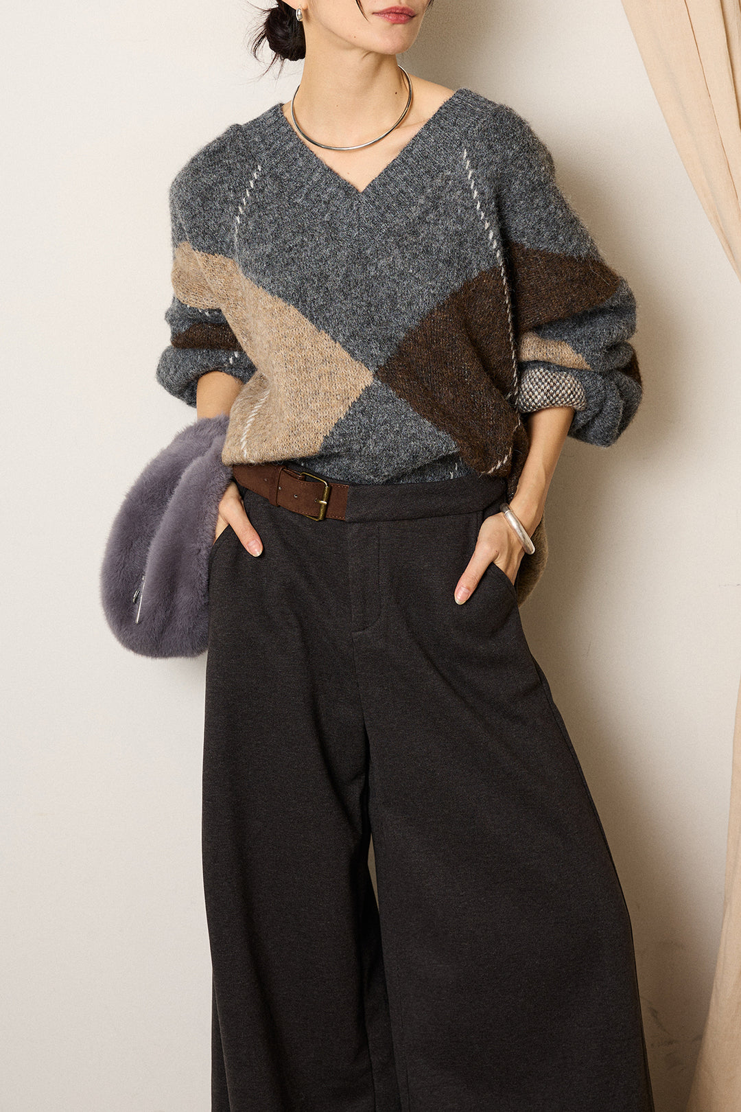 [SET]ルーズアーガイルVネックニット+サイドベルトパンツ(2set)