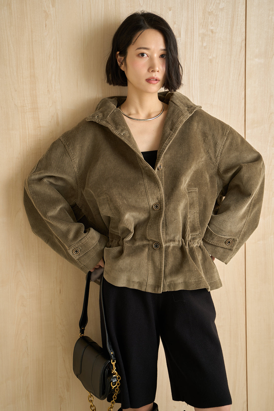 [SET]コーデュロイスタンドカラージャケット+リラックスニットショートパンツ(2set)