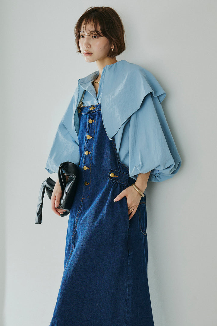 [SET]ケープカラーナイロンブラウス+配色ショルダーデニムサロペットスカート(2set)