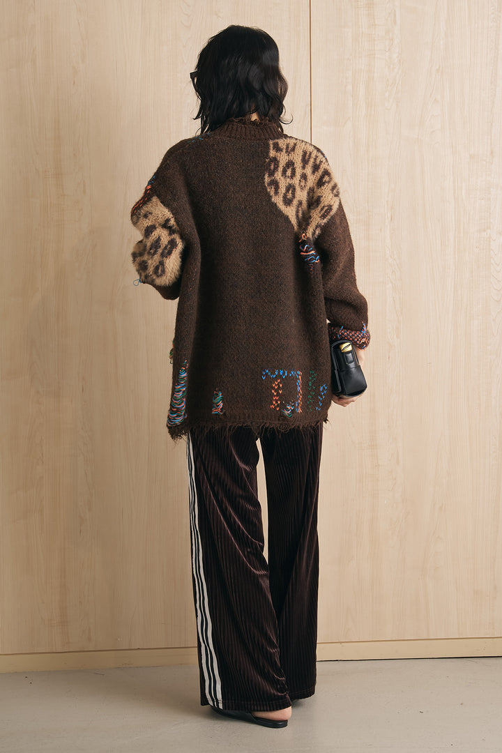 [SET]ミックス柄ダメージオーバーニットカーディガン+サイドラインストライプベロアパンツ(2set)