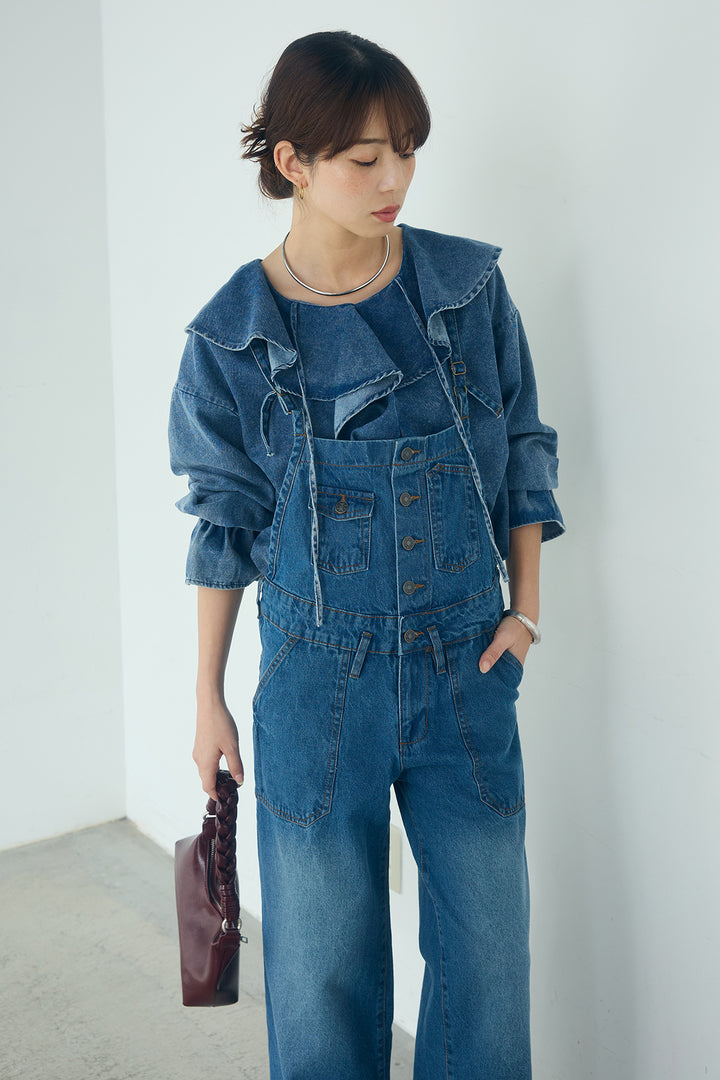 [SET]デニムフリルブラウス+デニムサロペットワイドパンツ(2set)
