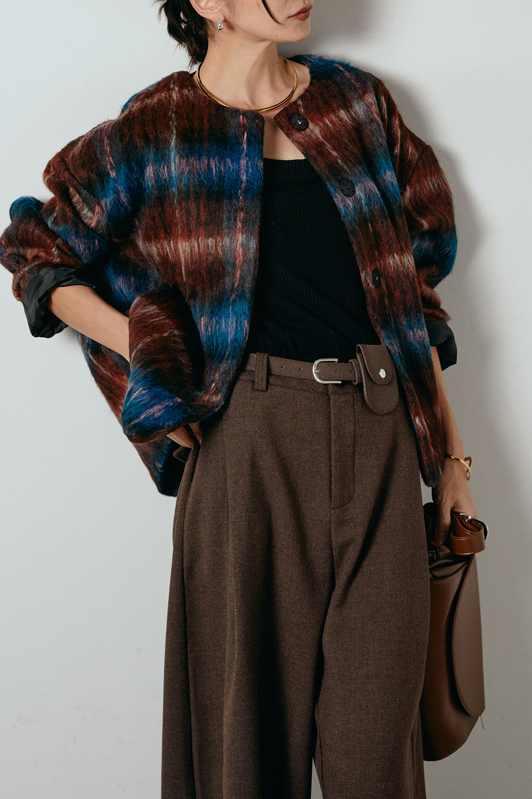 [SET]ノーカラーシャギーチェックアウター+ポーチベルト付きカーブパンツ(2set)