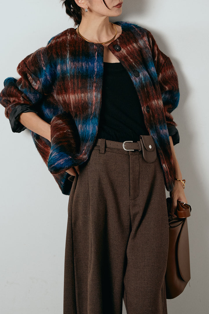 [SET]ノーカラーシャギーチェックアウター+ポーチベルト付きカーブパンツ(2set)