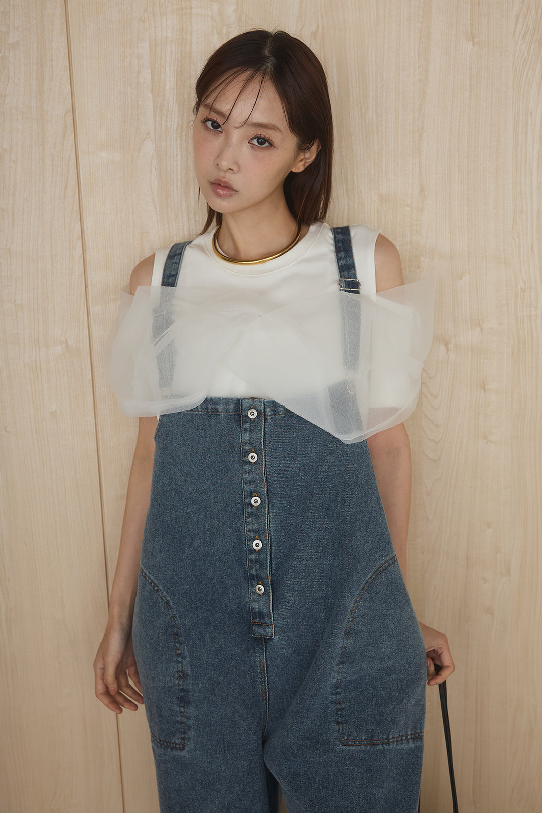 [SET]シアーレイヤーデザインカットソー+フロントボタンデニムサロペット(2set)