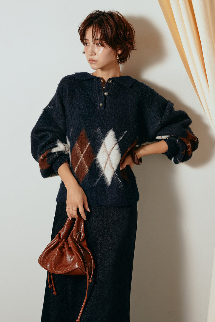 [SET]アーガイル柄ポロニットトップス+スウェードライクロングスカート(2set)