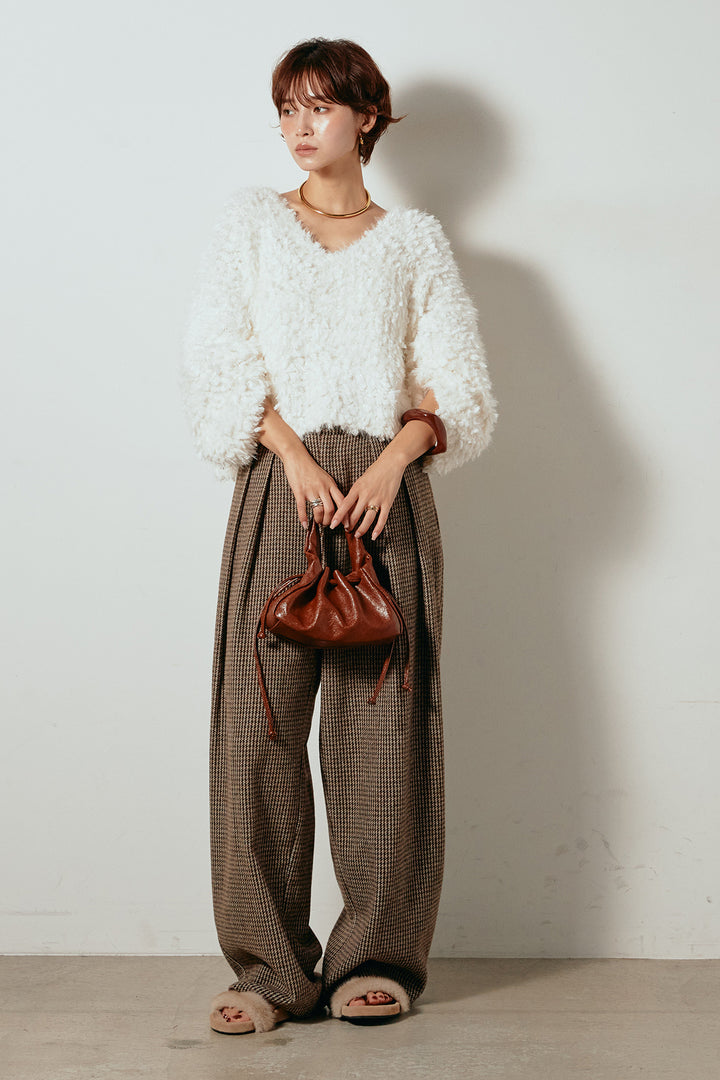 [SET]深Vネックチョウチョヤーンニットトップス+ガンクラブチェックタックパンツ(2set)