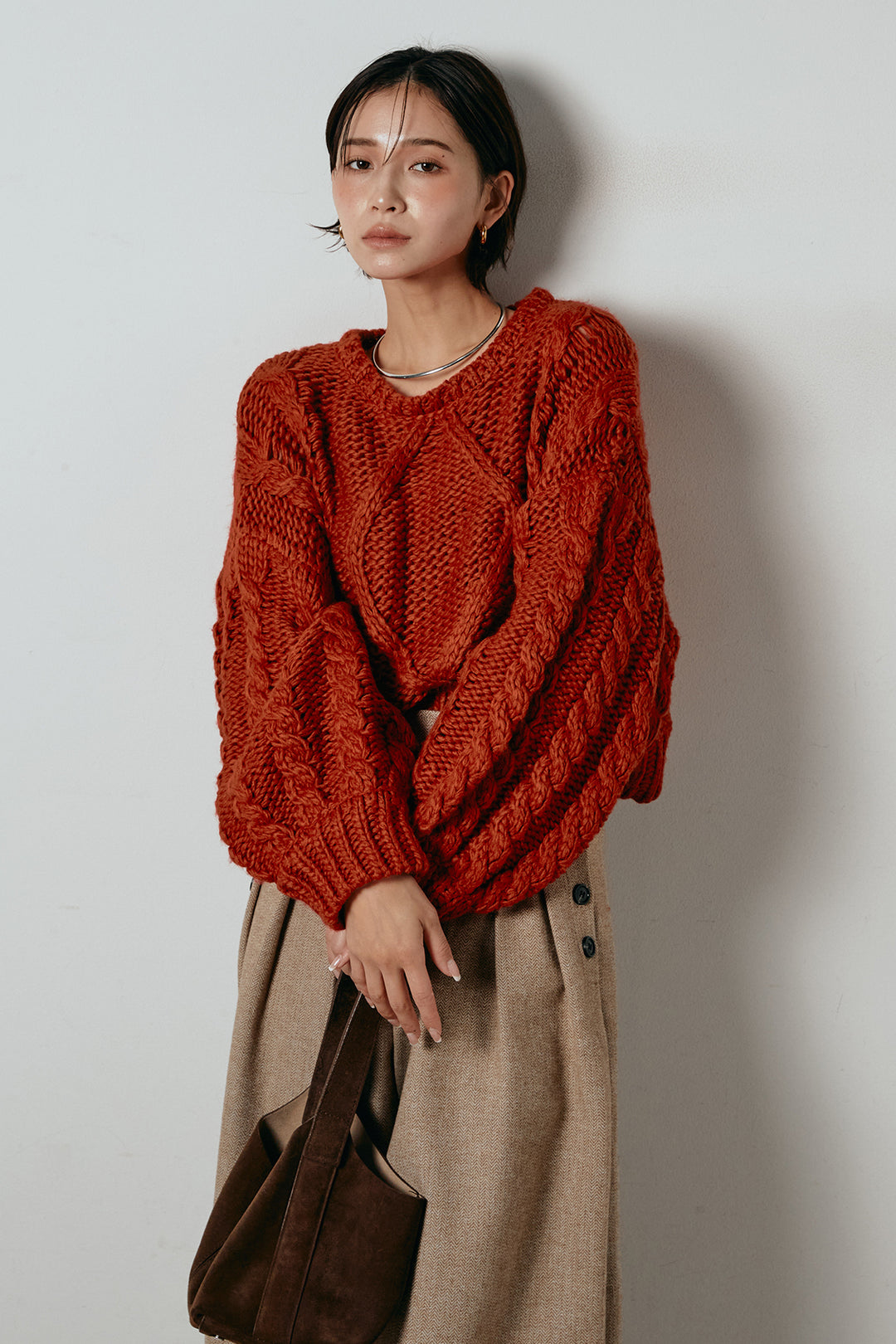 [SET]ロービングケーブルショート丈プルオーバー+サイドボタンツイードタックパンツ(2set)