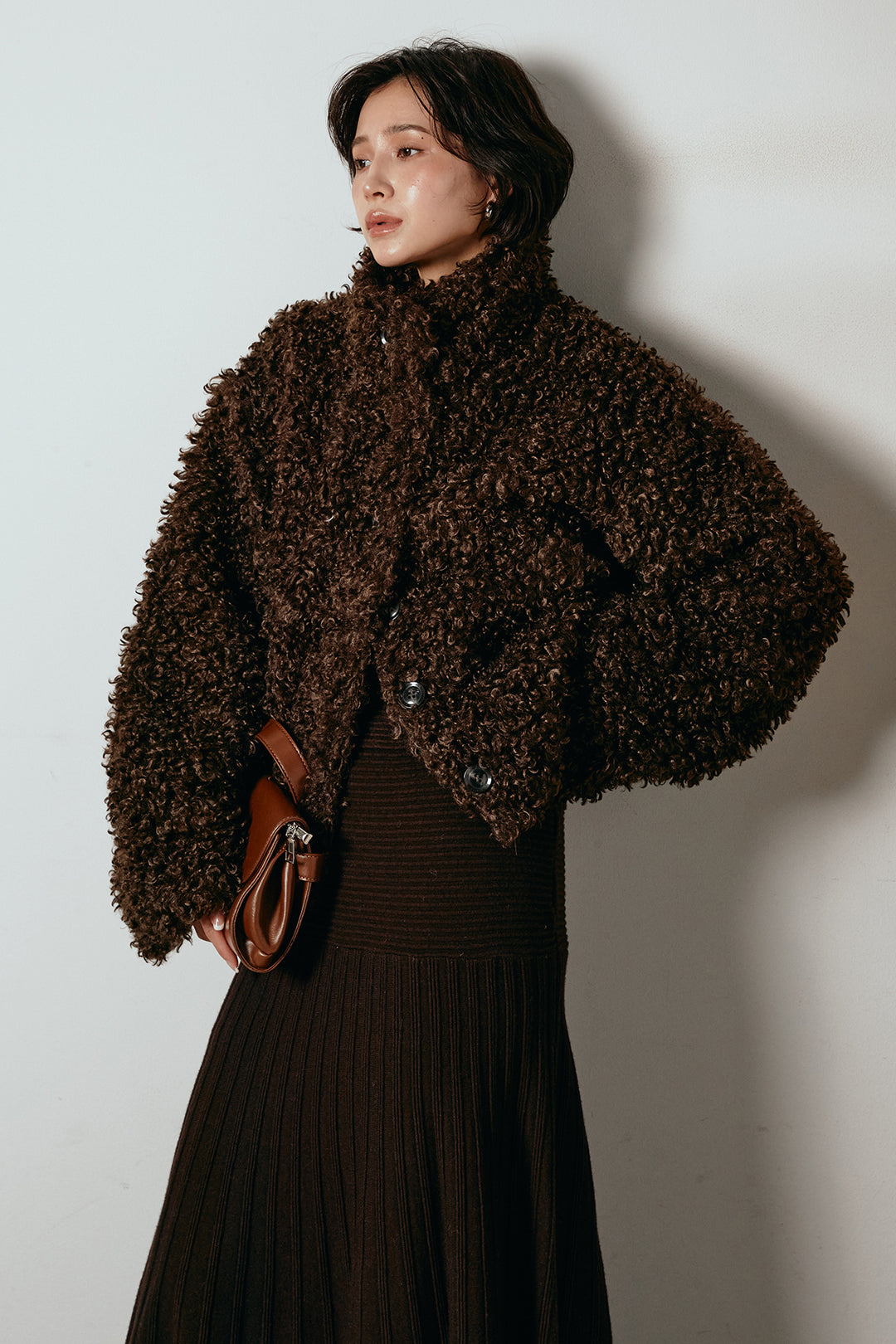 [SET]プードルファーミドルジャケット+編み地切り替えフレアニットスカート(2set)