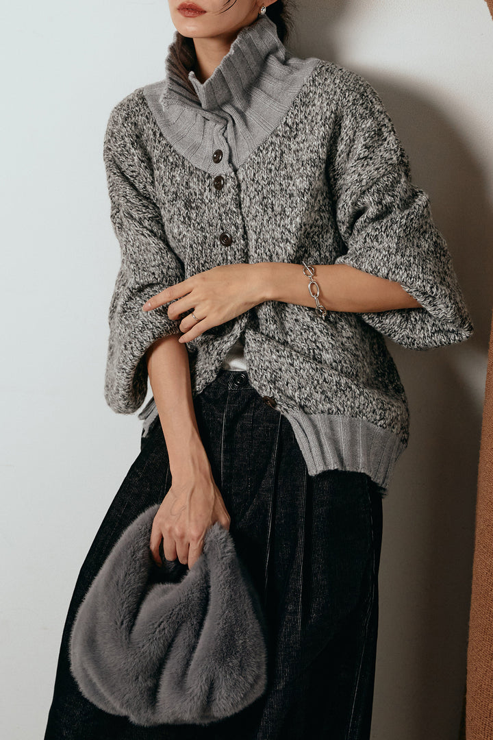 [SET]ハイネックミックスニットカーディガン+フロントタック入りコーデュロイパンツ(2set)