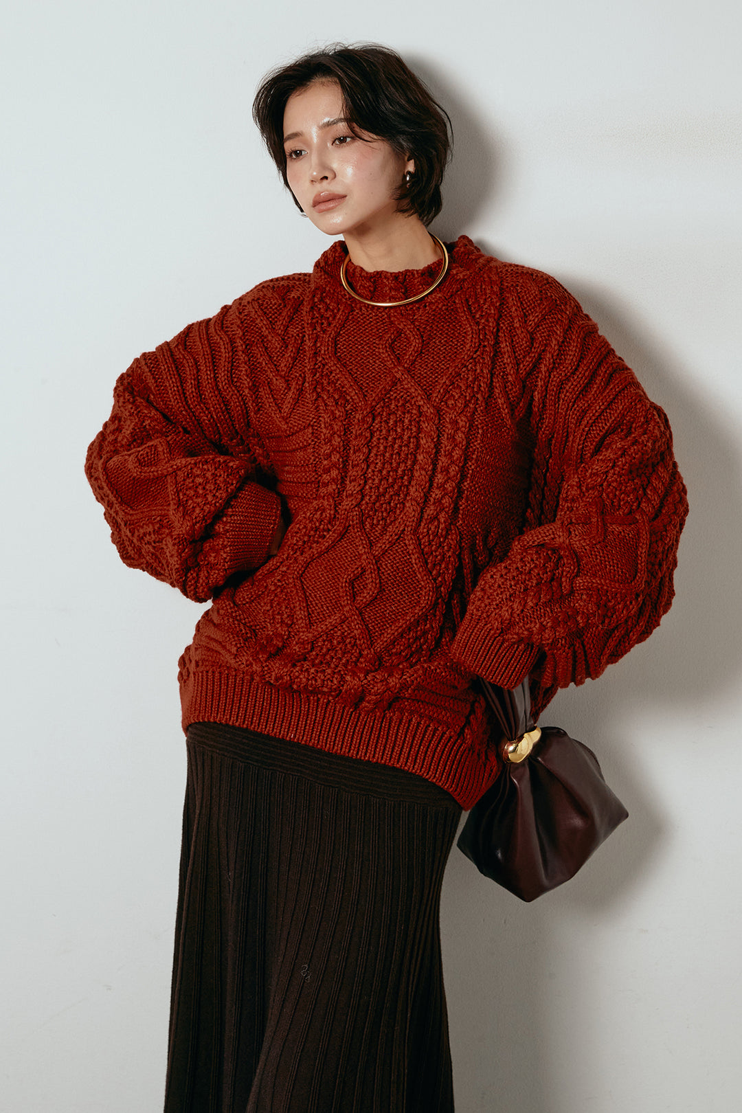 [SET]アラン柄ミックスケーブルニット+編み地切り替えフレアニットスカート(2set)