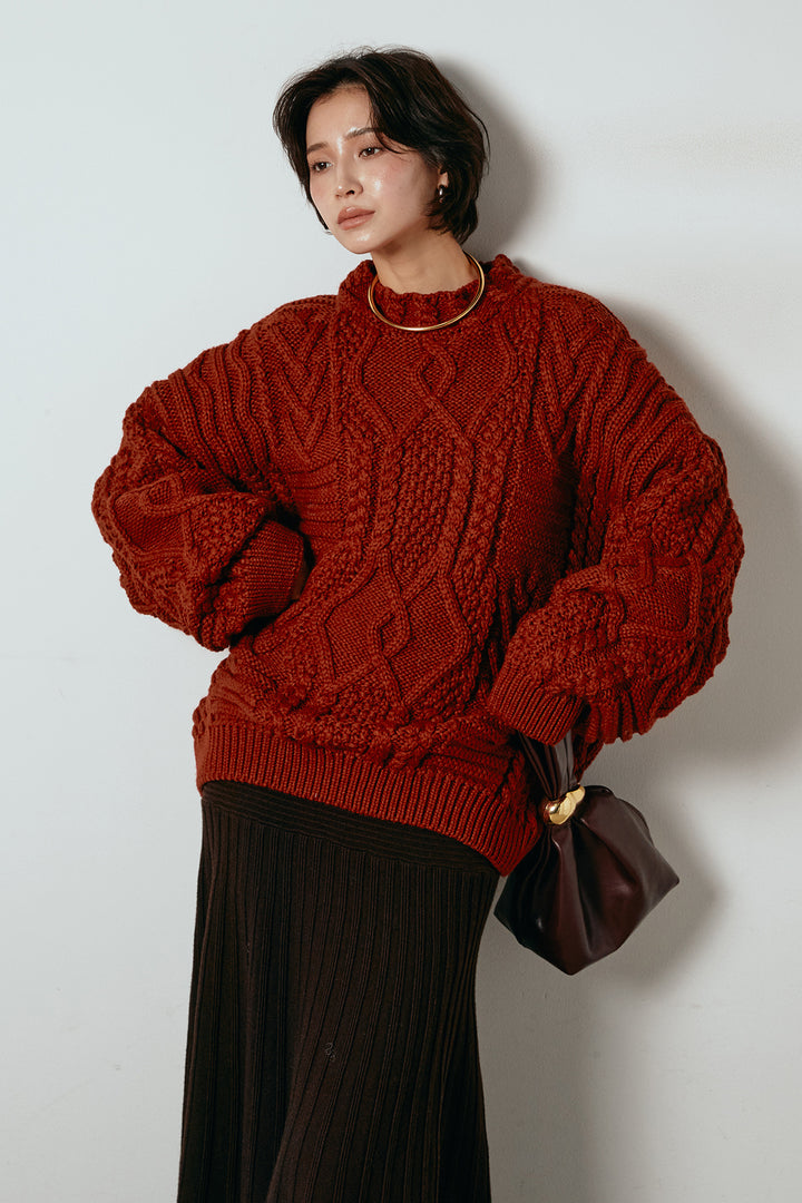 [SET]アラン柄ミックスケーブルニット+編み地切り替えフレアニットスカート(2set)