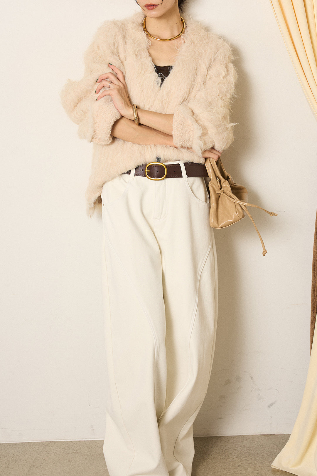 [SET]起毛シャギーニットカーディガン+ベルト付きカジュアルカーブワイドパンツ(2set)