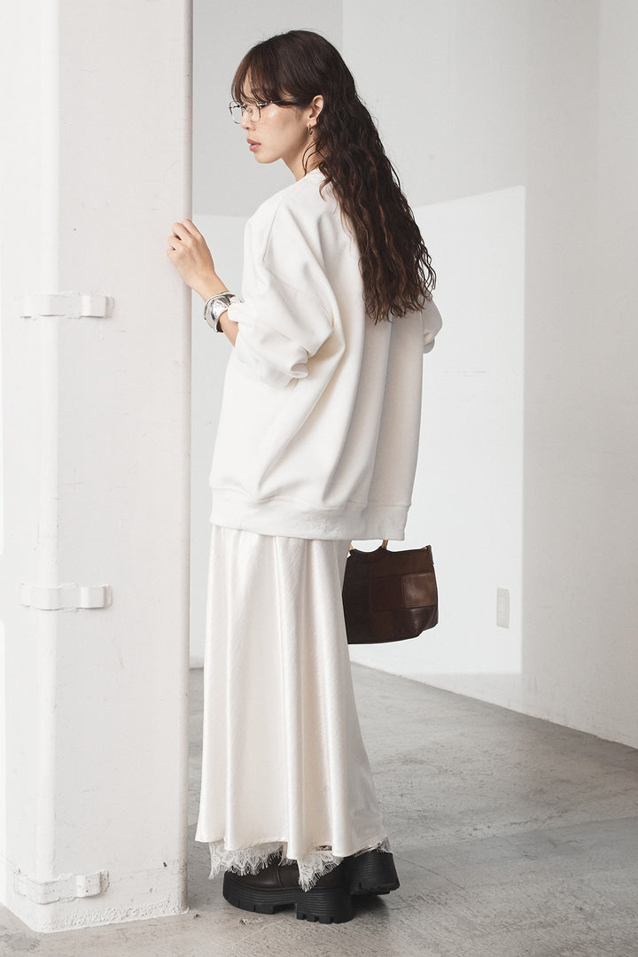 [SET]裏起毛モーニングキャットプリントスウェット+裾レースデザインサテンスカート(2set)