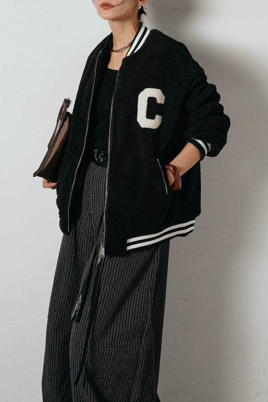 [SET]ロゴスタジャンボアブルゾン+レザーライク配色ストライプパンツ(2set)