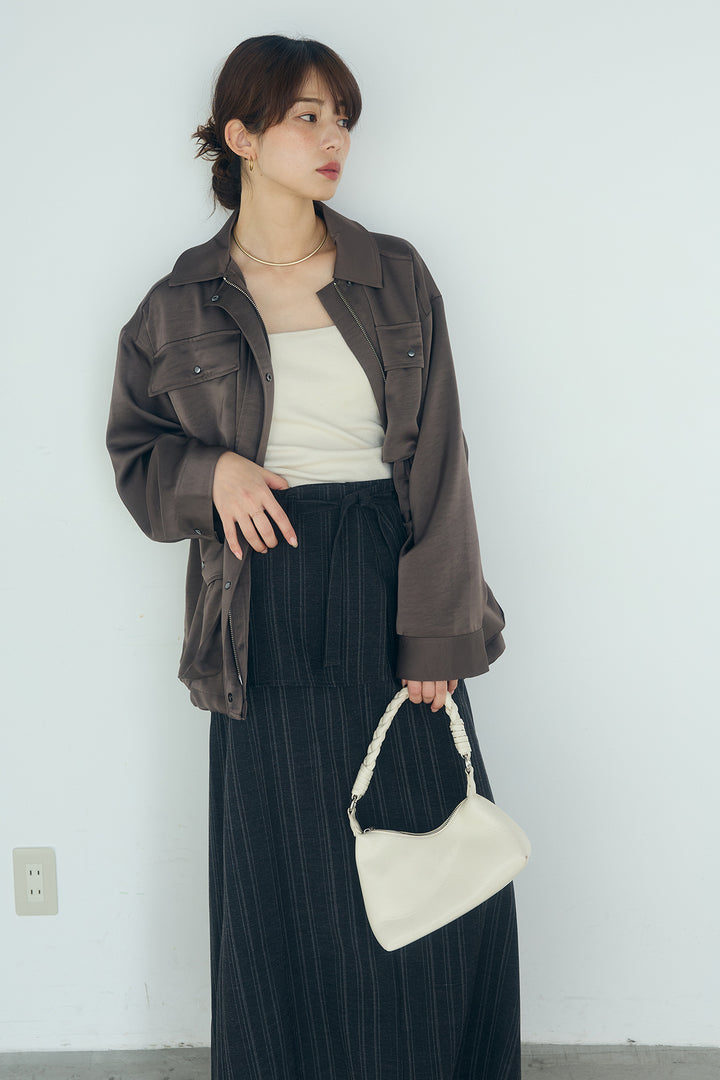 [SET]サテンライトブルゾン+ラップ巻きピンストライプワイドスカート(2set)