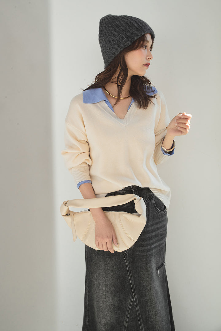 [SET]バイカラーニットレイヤード風プルオーバー+Aラインデニムスカート(2set)