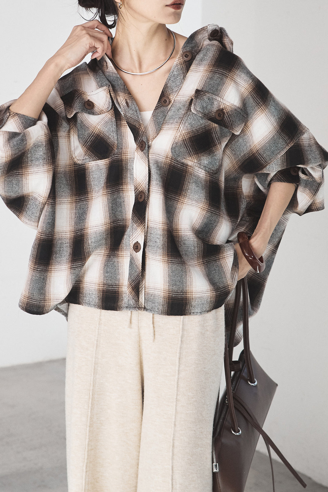 [SET]オンブレーチェックビッグシルエットCPOシャツ+センターラインニットパンツ(2set)