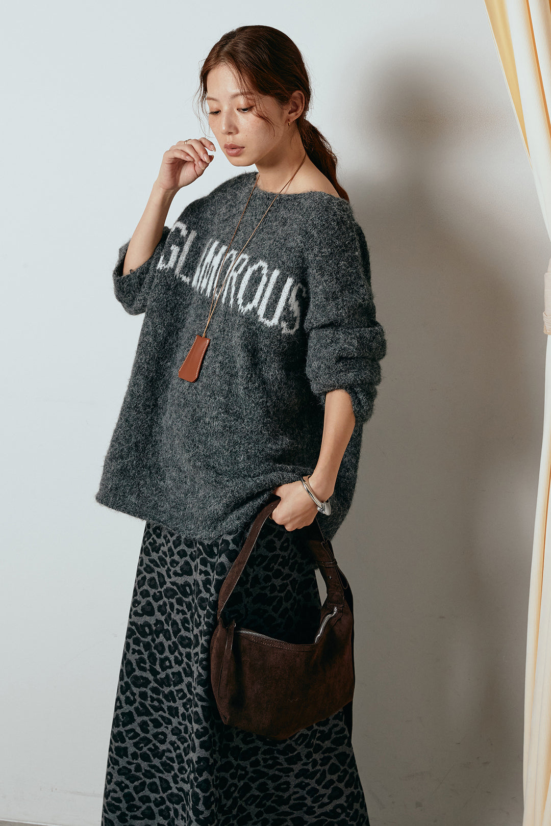 [SET]フロントロゴデザインニットトップス+レオパードロングスカート(2set)