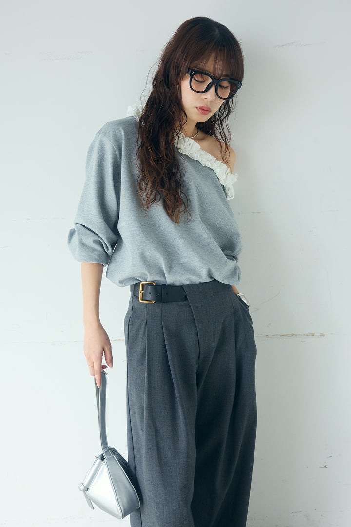 [SET]ネックギャザーフリルスウェット+サイドベルトタック入りスラックス(2set)