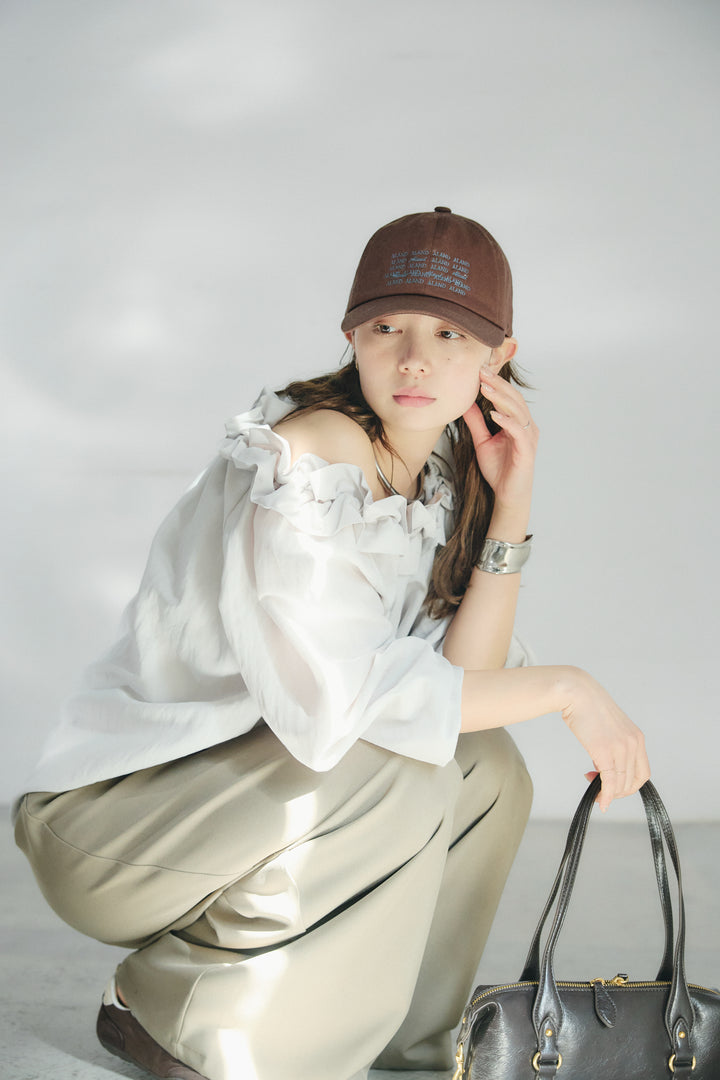 [SET]ネックフリルデザインブラウス+ベルト付きツータックワイドパンツ(2set)