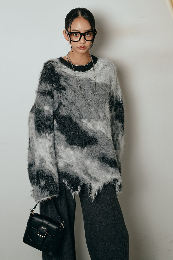 [SET]起毛裾デザインニュアンス柄ニットトップス+センターラインニットパンツ(2set)