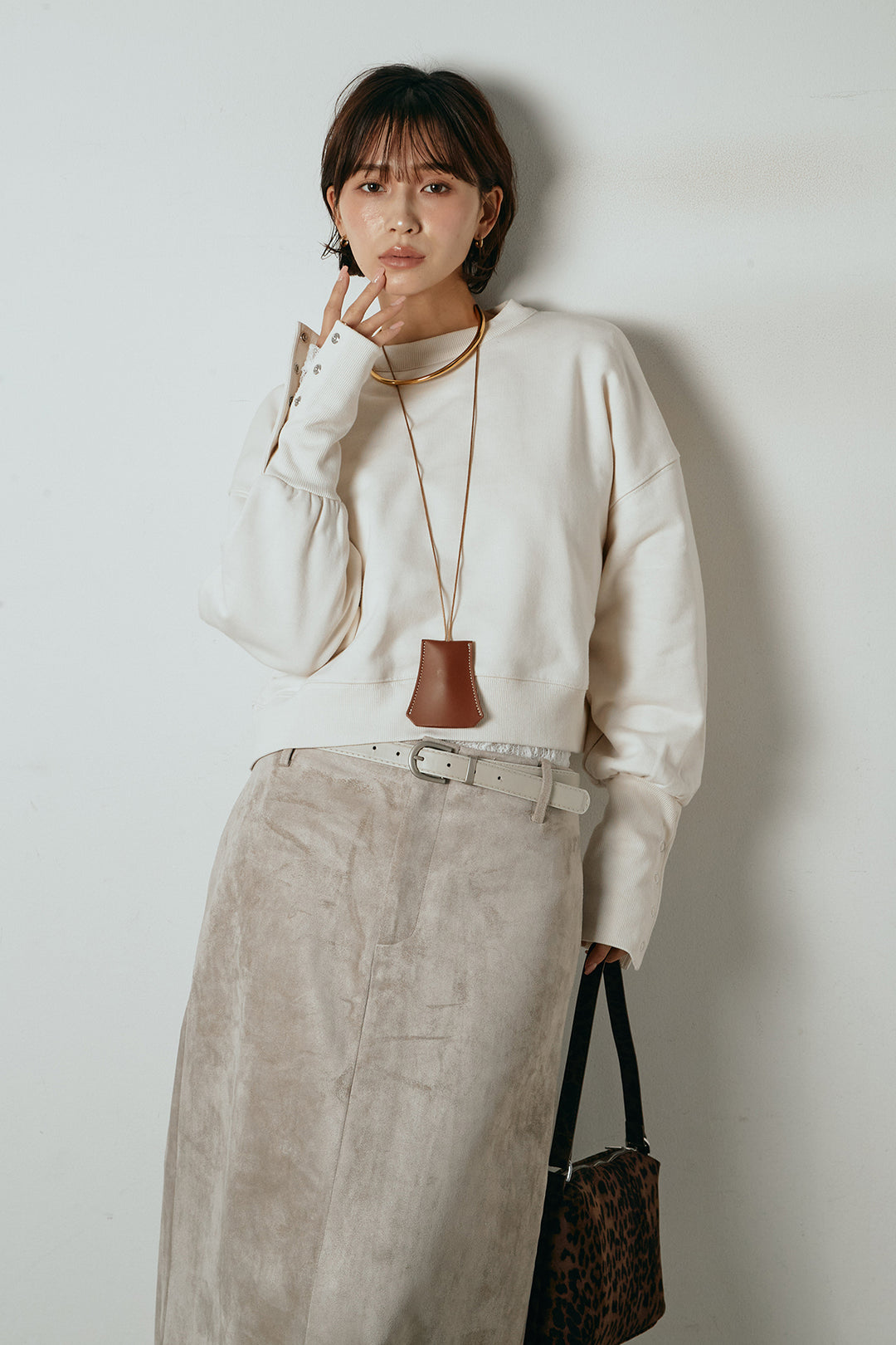 [SET]裏毛バックオープンプルオーバー+エコスウェードワイドスカート(2set)