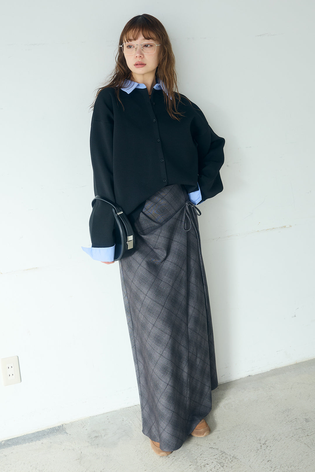 [SET]シャツレイヤード風カーディガン+タータンチェック柄フロントデザインスカート(2set)