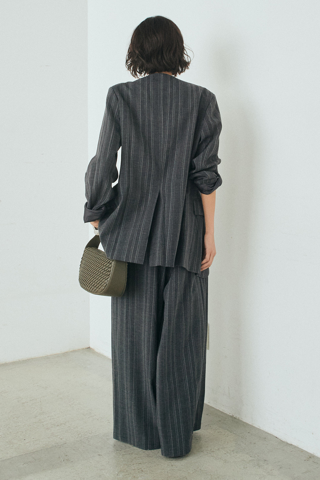 [SET]ノーカラーピンストライプジャケット+ピンストライプワイドスラックス(2set)