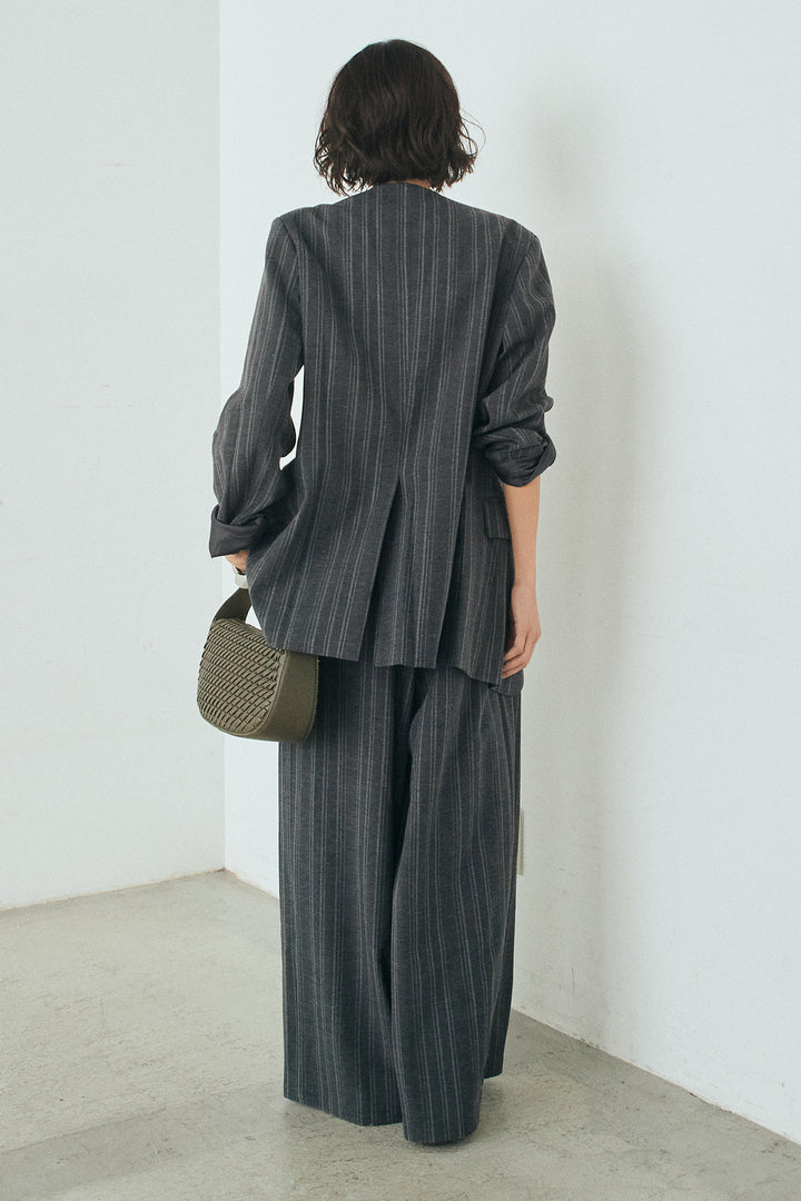 [SET]ノーカラーピンストライプジャケット+ピンストライプワイドスラックス(2set)