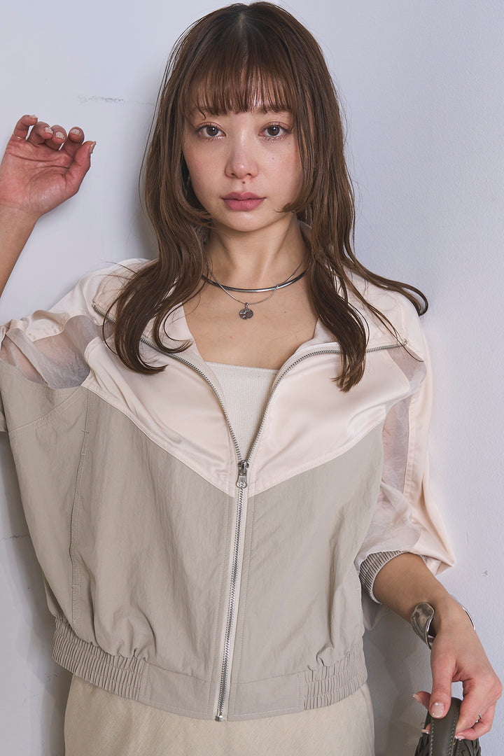 [SET]異素材切替ZIPブルゾン+リネンブレンドロングナロースカート(2set)