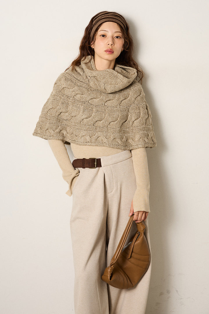 [SET]ケーブル編みケープレイヤードニット+サイドベルトパンツ(2set)
