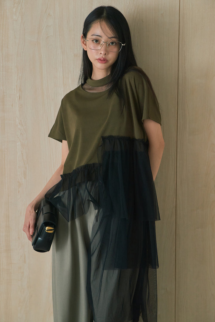 [SET]アシンメトリーチュールフリルTシャツ+ウエストデザインタックワイドパンツ(2set)
