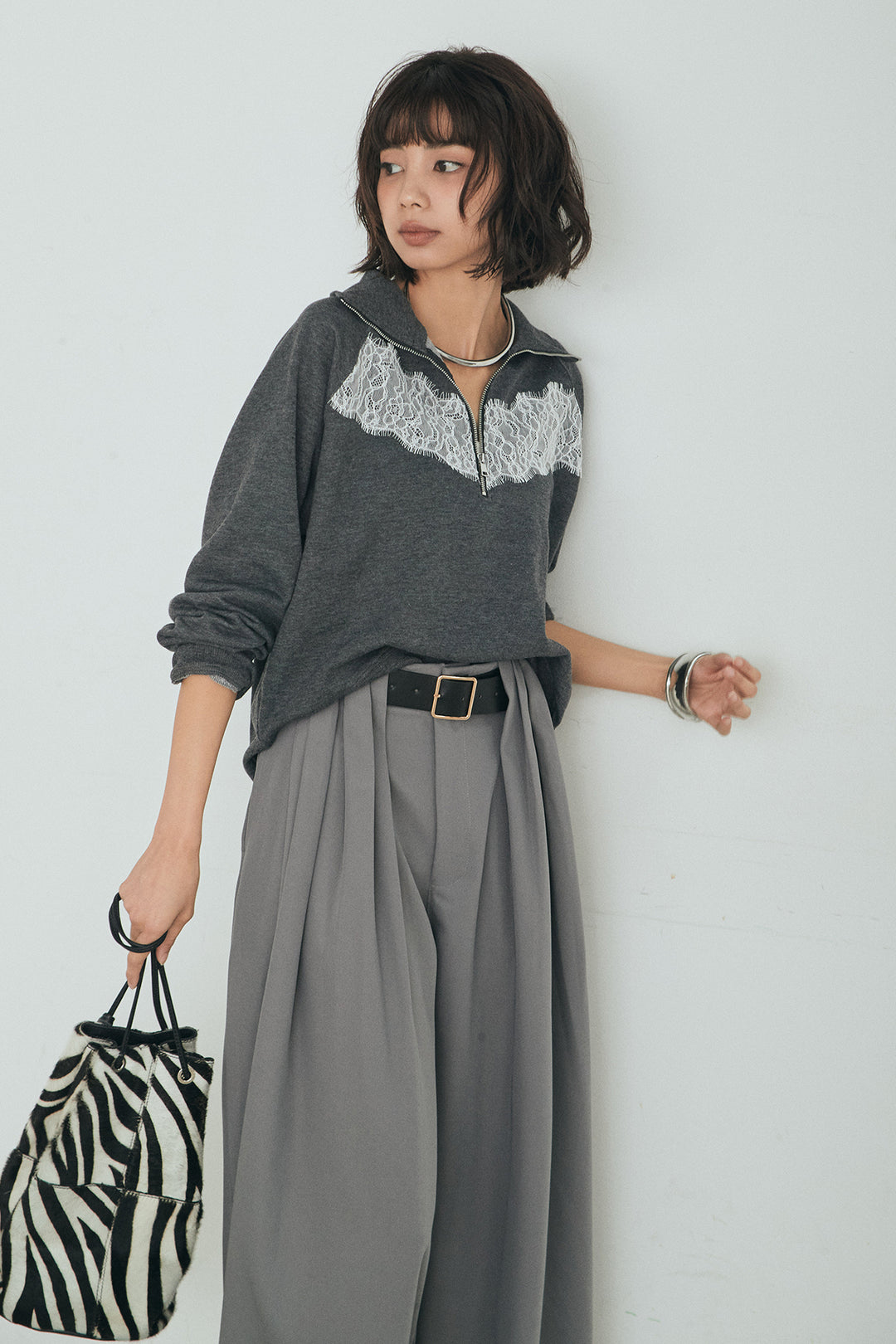 [SET]リバーレースハーフジップ裏毛スウェット+ベルト付きタックデザインハイウエストロングパンツ(2set)