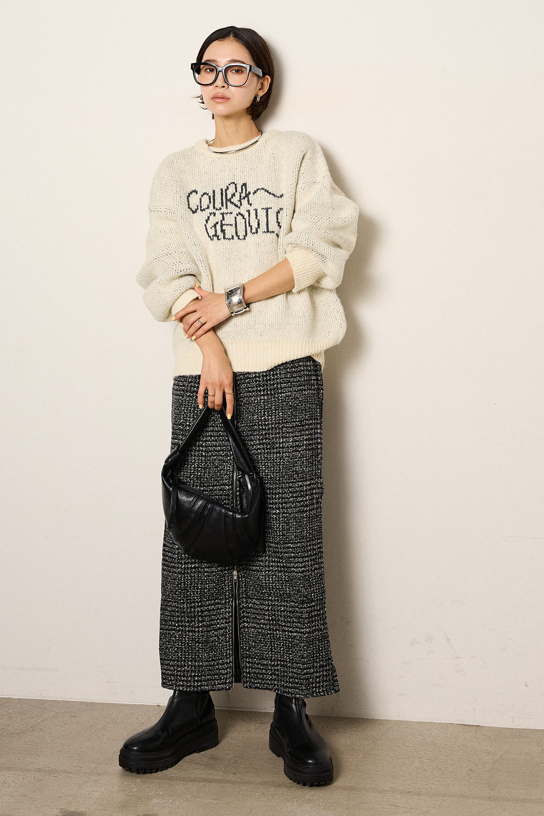 [SET]ロゴシャギーニットプルオーバー+グレンチェック柄フロントジップタイトスカート(2set)