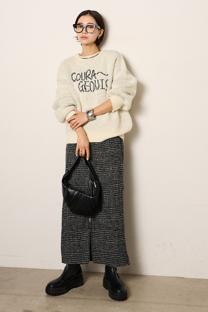 [SET]ロゴシャギーニットプルオーバー+グレンチェック柄フロントジップタイトスカート(2set)