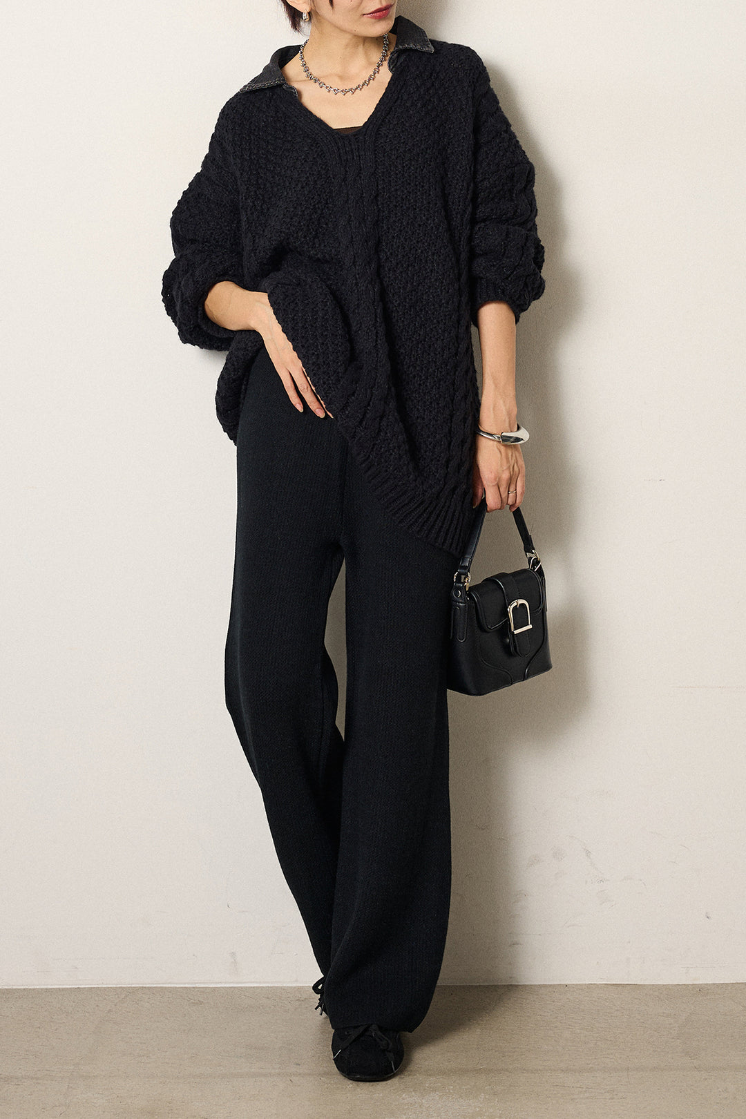 [SET]デニムカラーケーブルオーバーニット+ワイドリブニットイージーパンツ(2set)