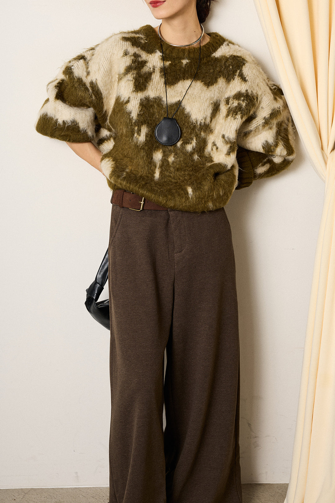 [SET]モヘアタッチマーブルニット+サイドベルトパンツ(2set)