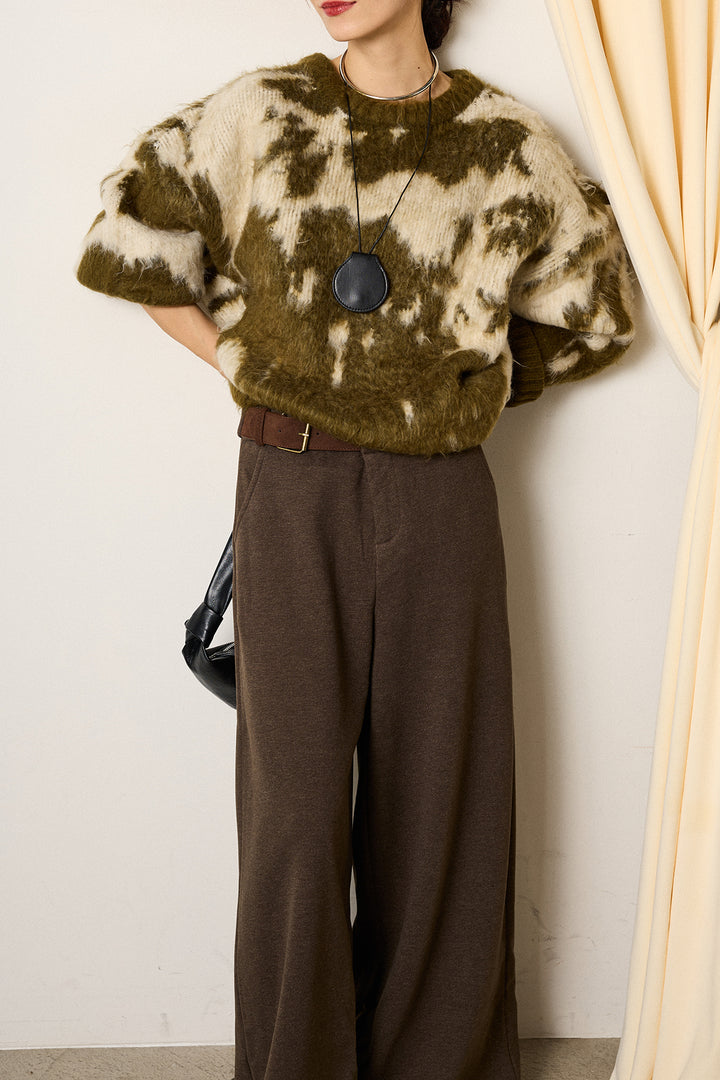 [SET]モヘアタッチマーブルニット+サイドベルトパンツ(2set)