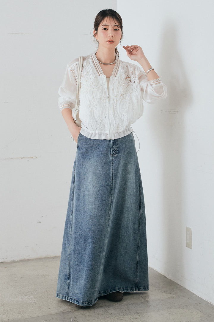 [SET]モチーフ付きシアーブルゾン+デニムロングフレアスカート(2set)