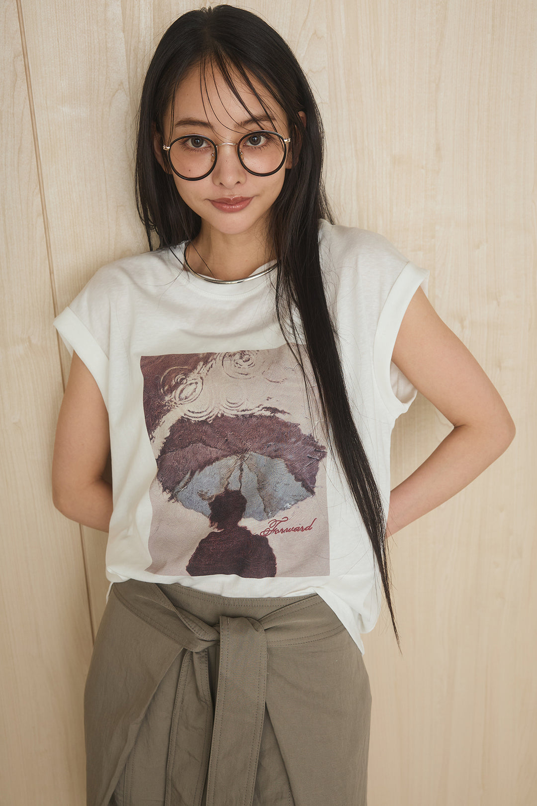 [SET]スクエアニュアンス柄Tシャツ+前結びタックワイドパンツ(2set)