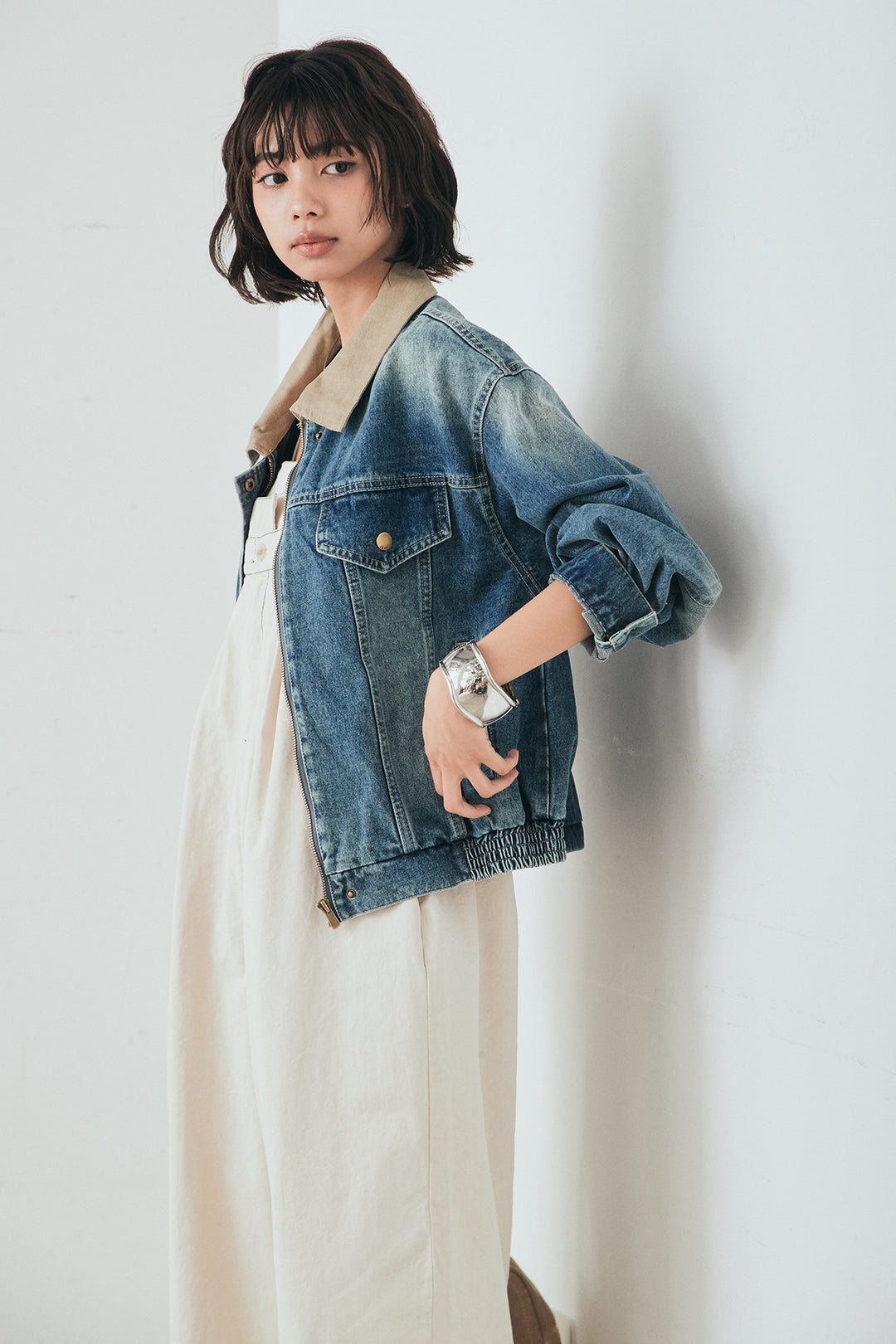 [SET]襟切り替えジップデニムジャケット+綿ツイルアシメサロペット(2set)