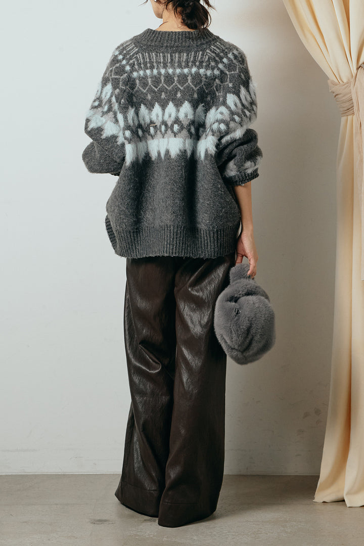 [SET]起毛ダブルジップパターンニットカーディガン+ベルト付きレザーライクタックパンツ(2set)