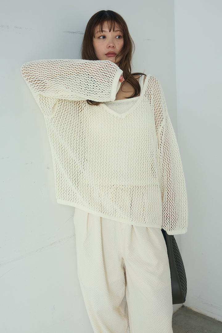 [SET]メッシュ編みビスチェセットVネックプルオーバー+シアサッカーイージーパンツ(2set)