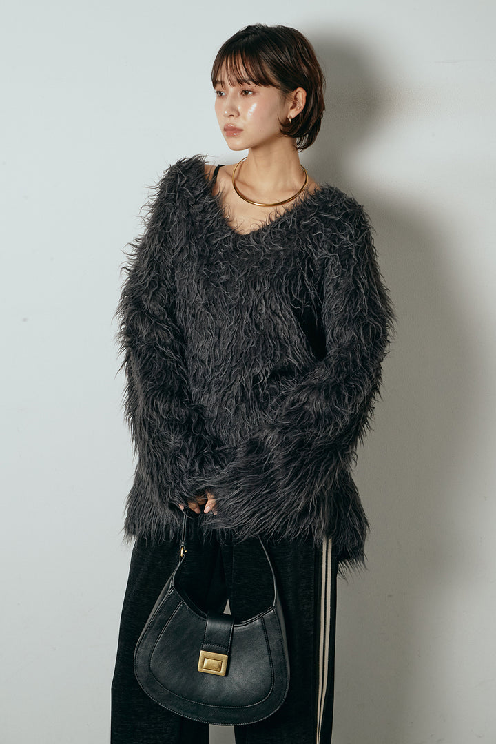 [SET]深Vネックシャギーニットトップス+リラックスサイドラインベロアワイドパンツ(2set)