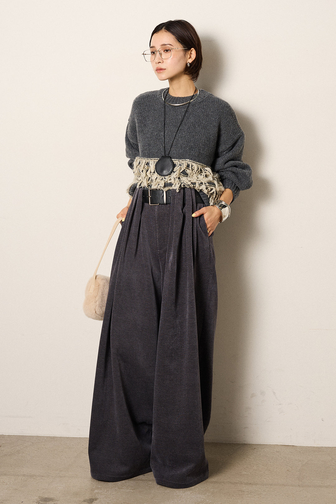 [SET]ループ編み切り替えニットプルオーバー+ベルトループコーデュロイワイドパンツ(2set)