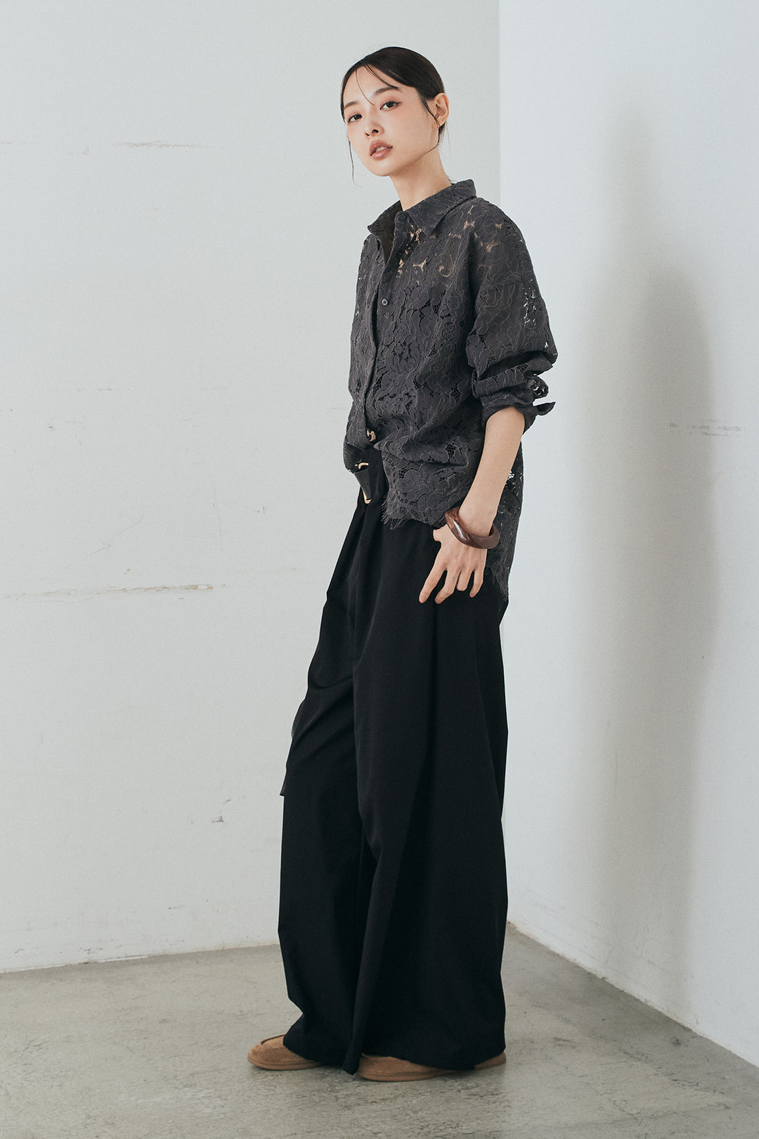 [SET]レース裾スカラップシャツ+ベルトループデザインハイウエストタックパンツ(2set)